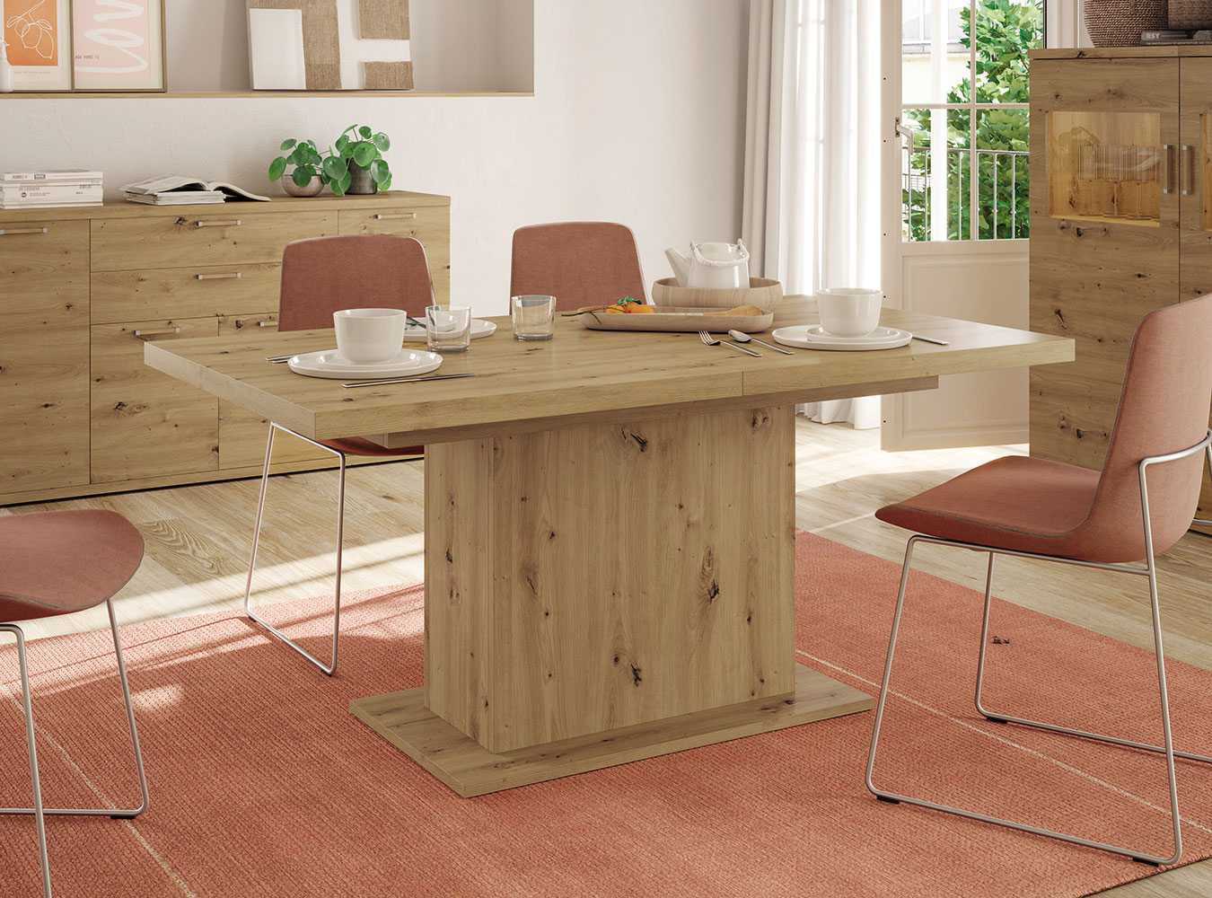 Mesa cocina cuadrada 90x90 cm extensible de diseño moderno, madera cristal..